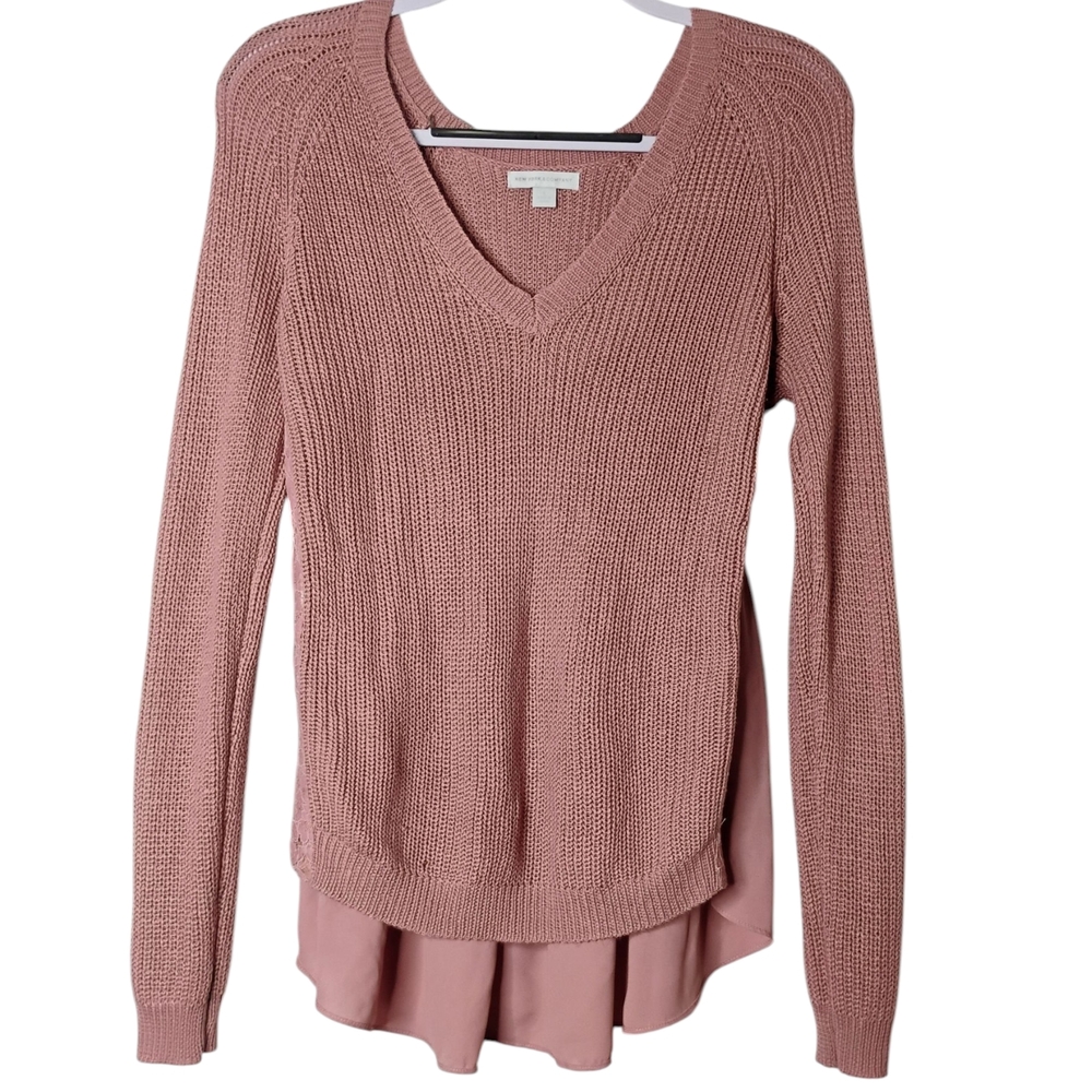 NY&C Dusty Rose Pink V-Neck Knit Sweater Blouse Lace & Sheer Accents Size Small